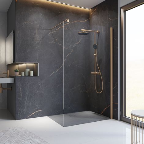 Paroi de douche à l'italienne, profilé cuivré, paroi fixe Walk In, verre 6 mm anticalcaire, 90 x 200 cm