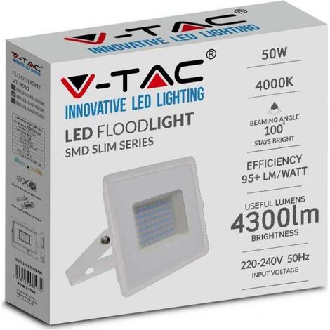 V-TAC VT-4051 Projecteur LED 50W Série E super slim G2 corps blanc blanc froid 6500K IP65 - sku 215963