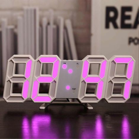 Réveil de bureau numérique LED silencieux, horloge murale numérique 3D pour salon ou chambre, cadre blanc et caractères roses