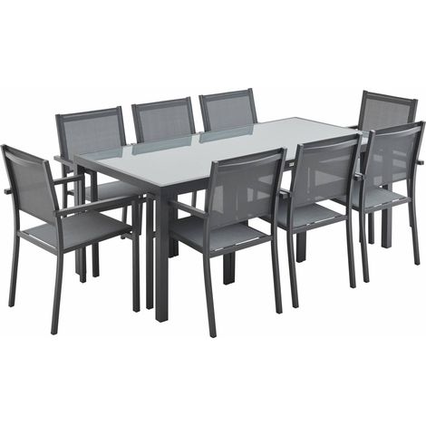Salon de jardin aluminium table 180cm. 8 fauteuils en textilène Anthracite / Gris