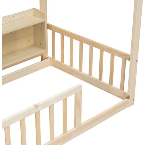 Cama cabaña 90x200 cm de madera natural con estantes, ahorra espacio, sin colchón – MEUBLIV (1/5)