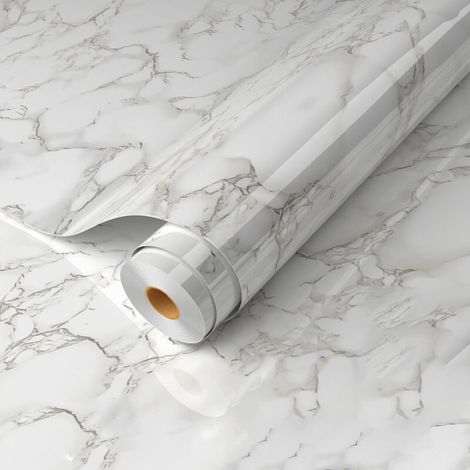 Autocollants pour meubles en marbre 80 cm x 500 cm, papier peint autocollant blanc cassé, film autocollant imperméable, adapté aux comptoirs de cuisine et de salle de bain (blanc paysage) (1/4)