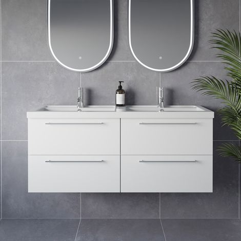 Napoli 390 Gloss White 1200mm Wall Mounted 4 Drawer Vanity Unit with Double Lucia Basins - 1200mm - Chrome 320mm Handle