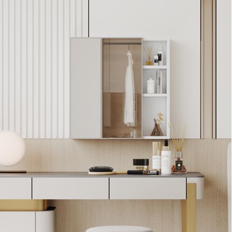 Armoire de toilette murale 55x56 cm blanche en MDF et verre miroir avec rangement compartimenté (1/5)