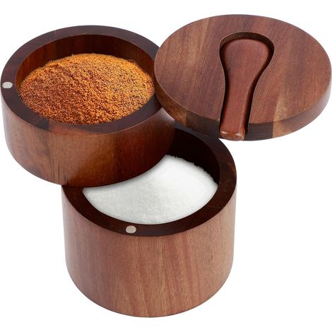 Salière en bois d'acacia à 2 couches - 9 x 9 x 10 cm - Avec couvercle pivotant magnétique - Pour la cuisine - Avec pot à épices magnétique - En bois - Pour le stockage du sel, du poivre, des herbes (1/5)