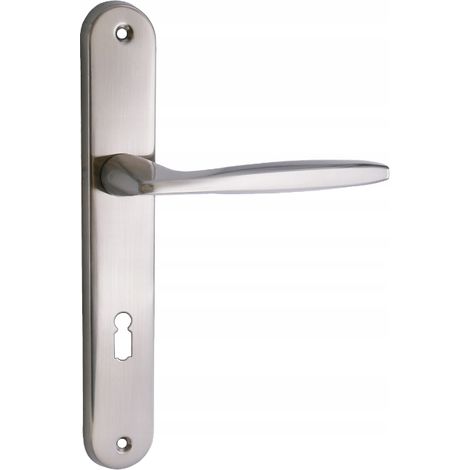 Poignée de porte Domino Mia M9 sur une longue plaque avec trou de serrure, nickel, entraxe 72 mm