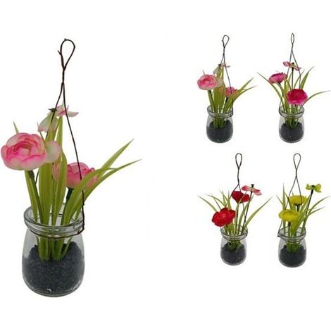 TRADE SHOP - Set 2pz Piantina Fiori Finti Con Vaso Vetro 21 Cm Decorazione Da Appendere 4 Colori 689219 - (1/3)