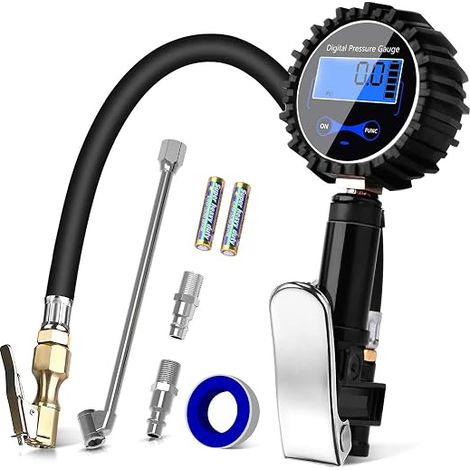 Digital Pressure Gauge Digital Tire Pressure Gauge Gun Inflating For Car Truck SUV Motorcycle Bike with LCD Display, Air chuck and Double Head Rod 200PSI (1/5)