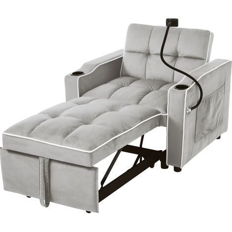 ELVMI Schlafsofa 3 in 1 mit Becherhaltern und Handyhalter, Samt, Antikgrau, 83 x 167 x 76 cm (1/5)