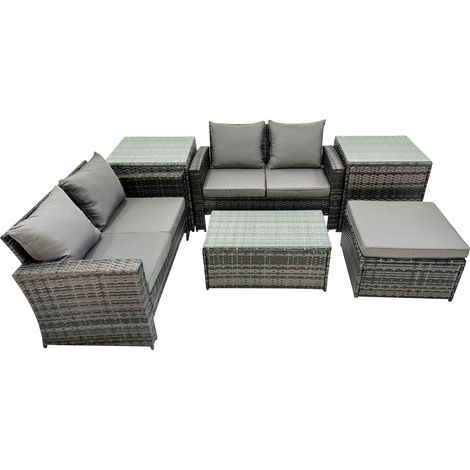 Fimous PE Rattan Garden Furniture Set Lounge Double Seat Sofa Coffee Table Set with 2 Side Tables Big Stool Dark Grey MixedMixed (1/5)