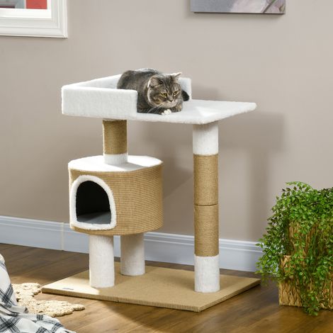 Arbre à chat 79cm, petit arbre pour chats avec cachette et plateforme de repos en jute, couleur marron/blanc, support jusqu'à 8kg. (1/5)
