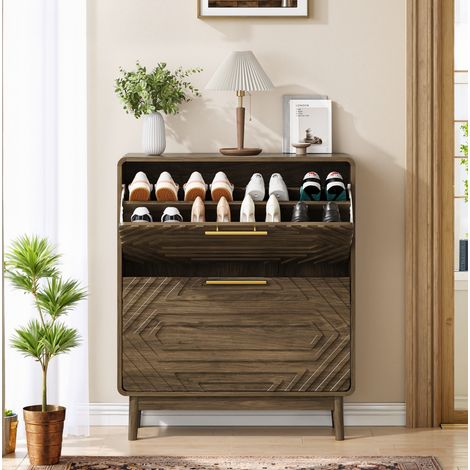 Meuble à chaussures 2 abattants avec rangement ouvert 80x24x95 cm noyer DESVIAE (1/5)