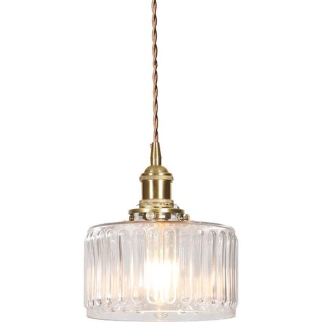 Lampe suspendue en laiton avec abat-jour en verre à rayures verticales, interrupteur rotatif et cordon tressé doré - Luminaire plafonnier suspendu (Bandes transparentes) (1/5)