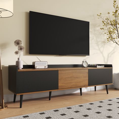 Meuble tv rangement 160 cm 3 portes noir naturel HAVRYA (1/5)