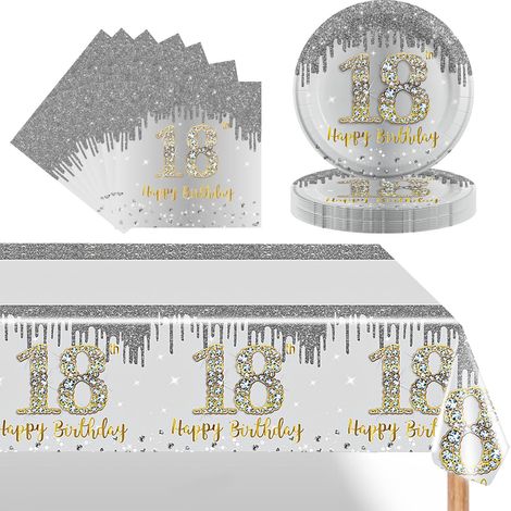 37 Pièces Assiette Vaisselle Jetable Anniversaire Kit,Argent Decoration Anniversaire Vaisselle 18 Ans Garçon Fille,Nappe Papier Assiette Serviette pour Decoration Anniversaire 18 Ans Cadeau (1/5)
