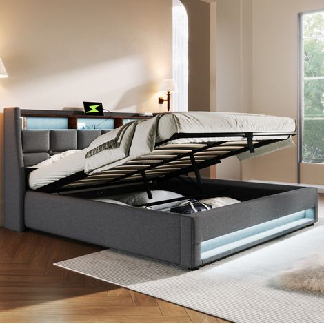 Letto contenitore matrimoniale 160x200 cm, con LED USB e sollevamento idraulico, in tessuto grigio, senza materasso (1/5)
