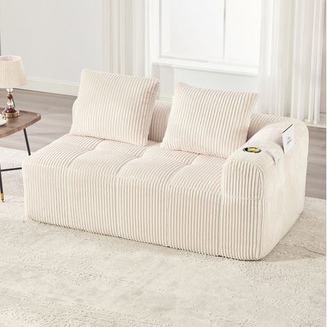Canapé 2 places en velours côtelé beige 158 cm avec poches latérales et porte-gobelets (1/5)