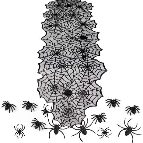 Décorations de Table d'halloween - Chemin de Table Toiles d'Araignée et Ensemble de Décoration d'Araignée 12 Pièces, Ruban de Table Noir de Fête de Toile d'Araignée avec Accessoires (180×45cm) (1/5)