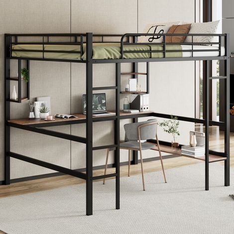 Lit mezzanine 140x200cm - Lit Enfant en Métal Certifié EN747 avec Bureau et Étagères – Style Industriel – Noir (1/5)