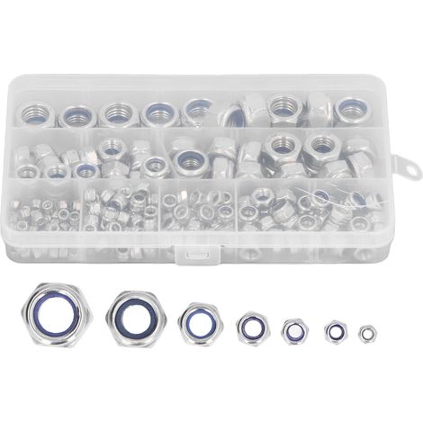 Assortiment de 215 écrous de blocage hexagonaux en acier inoxydable avec insert en nylon, tailles M3, M4, M5, M6, M8, M10 et M12.