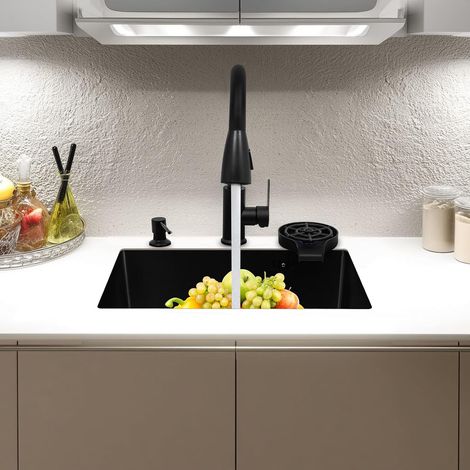50 x 40 x 20cm Spülbecken Edelstahl Küchenspülen 1 Becke Waschbecken küche Einbauspüle mit 360° drehbarer Wasserhahn,Abtropfkorb,Überlauf Verhindern,Schwarz Eckiges Becken Innengröße 45 x 32cm (1/5)