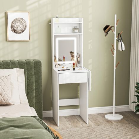 Tocador con espejo LED (45x45x152 cm), tablero abatible, estantes abiertos y cajón, MDF y madera, blanco (1/5)