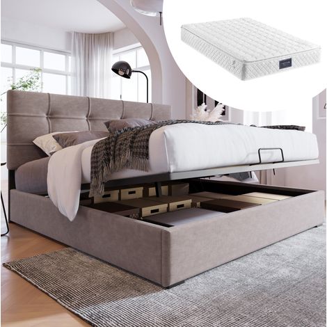 Cama doble tapizada con almacenaje y colchón gris OKMYHOME (1/5)