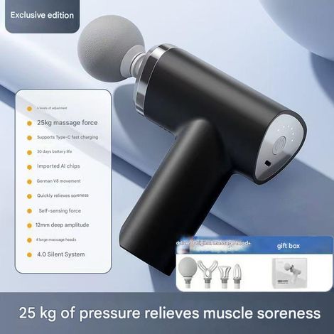 Mini pistolet de massage portable noir avec 4 têtes et une force de pression de 15 kg-AquaForge