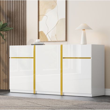 Buffet 160x40x78 cm blanc en MDF et panneaux de particules laqué brillant avec 3 portes et 2 tiroirs (1/5)