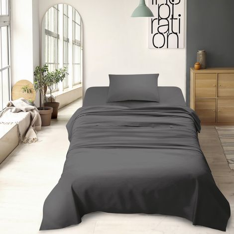Set Lenzuola 100% Cotone Di Flanella Completo Letto Made In Italy Anti-Pilling Tinta Unita Lenzuolo Sopra Sotto Federe Grigio Scuro - Piazza e mezza