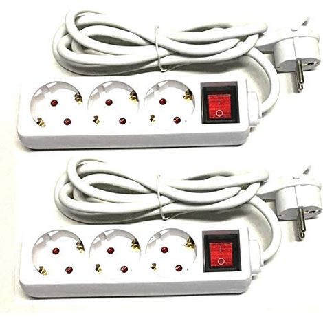 Pack avec 2 prises Bloc multiprise 3 prises avec interrupteur et fiche coudée Schuko extra plate qui s'adapte derrière les armoires, câble d'alimentation de 1,5 m (1/3)