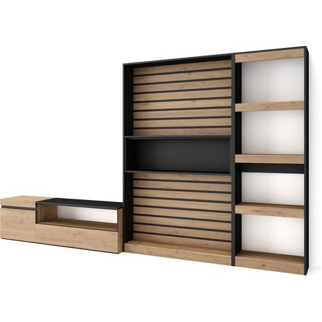Skraut Home - Ensemble Meuble TV, Meuble Salon Complet, 320x186x35cm, Salon Complet, Style moderne, Chêne et noir (1/5)