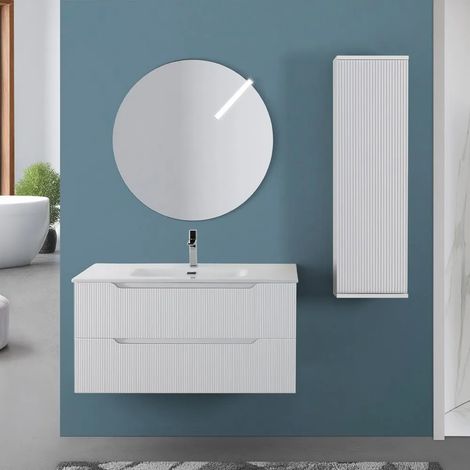 Mobile bagno sospeso 100 bianco cannettato doppi cassetto lavabo e specchio Wise (1/5)