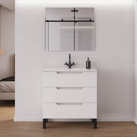 Meuble de salle de bain 70cm simple vasque - 3 tiroirs - blanc mat - RIZA (1/5)