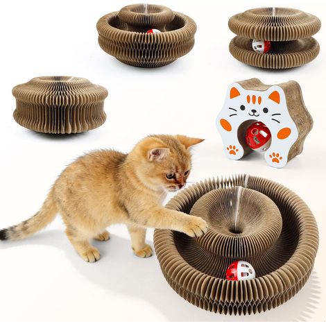Jouet à griffer pliable pour chat, gratte-chat en carton ondulé avec balle interactive, tapis à gratter pour chaton et chat adulte (1/5)