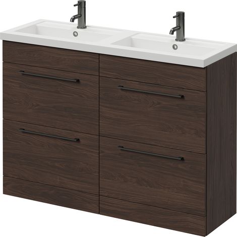 Napoli 390 Brown Oak 1200mm 4 Drawer Vanity Unit with Double Lucia Basins - 1200mm - Gunmetal Grey 320mm Handle