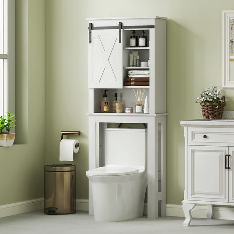 Meuble au-dessus des toilettes pour la salle de bain avec porte coulissante de grange et 6 compartiments style rustique 67x25x172 cm blanc