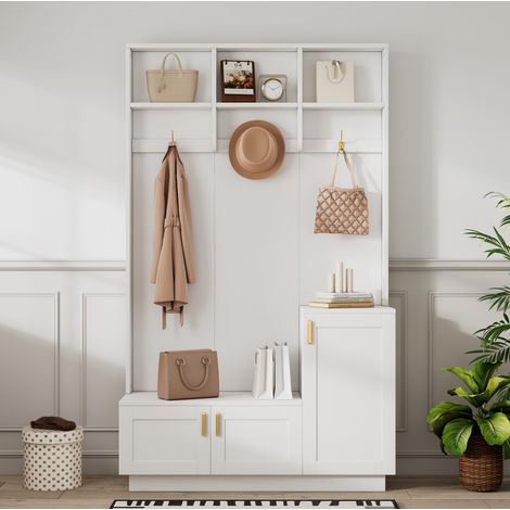 Attaccapanni con panca in truciolare bianco e 3 ganci, 120 x 40 x 200 cm, con scarpiera e ripiano regolabile (1/5)