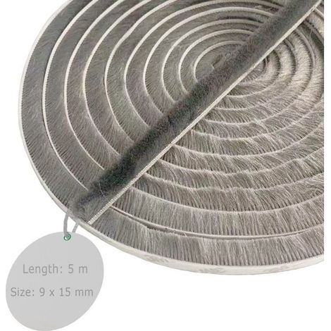 Guarnizione a spazzola per porte, 5 m (L) x 9 mm (P) x 15 mm (A), grigia, guarnizione per finestre per porte insonorizzate, guarnizione a spazzola adesiva, guarnizione a spazzola per porte scorrevoli, (1/4)