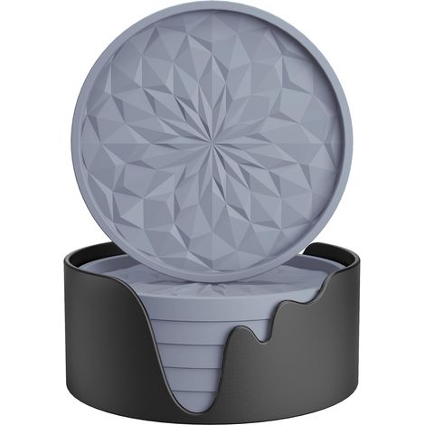 Lot de 6 dessous de verre en silicone avec support, sous-verres pour boissons chaudes ou froides, épais, antidérapant, antidérapant, plateau profond, gris clair (1/5)