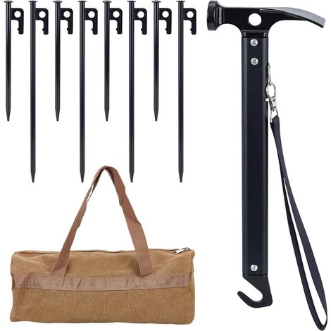 Set Piquet Tente Marteau Sac de Rangement en Toile 16 Piquet Tente Robuste Acier Forgé 7.8/11.7cm 1pc Marteau de Camping 4pcs Sacs de Transport en Toile pour Plage Randonnée Fêtes Plein Air (1/5)