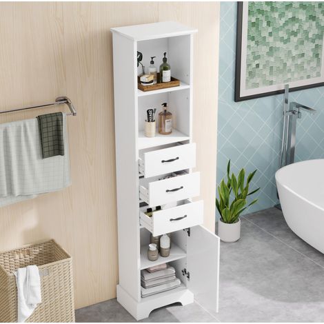 MODFU – Meuble salle de bain 38x26x172,5 cm MDF blanc – 3 tiroirs et étagères réglables – Laqué – Blanc (1/5)