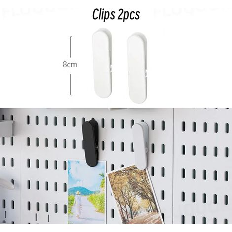(Clips W) Organisateur mural sans perçage pour panneau perforé, étagères de rangement modulaires avec crochets et accessoires, pour salle de jeux, cuisine ou bureau. (1/5)