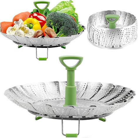 Panier vapeur pliable en acier inoxydable – Diamètre extensible 13-22 cm – Pour légumes (1/5)