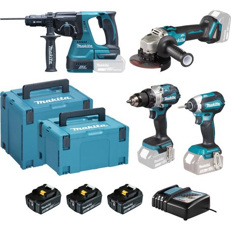 Makita – Pack de 4 outils électroportatifs 18V avec 3 batteries 5.0Ah – Perceuse-visseuse DHP489, visseuse DTD153, meuleuse DGA506, perforateur DHR243 – DLX4183T3J