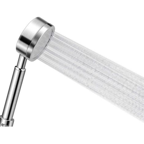 Pommeau douche main inox 304 brossé haute pression économiseur d'eau 60% douchette 1/2" montage mural (1/5)