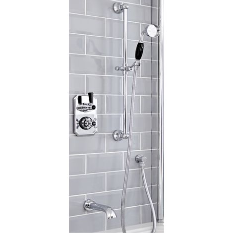 Milano Elizabeth 2 Outlet Twin Diverter Thermostatic Mixer Shower Valve with Riser Rail Kit and Wall Mounted Bath Spout - Chrome & Black (1/5)