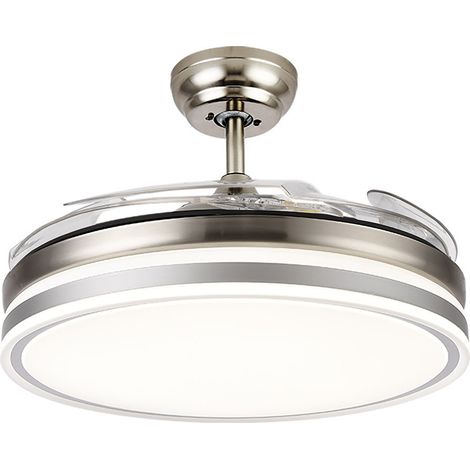 FABRILAMP - Ventilatore da soffitto LED 59W LED Ventilatore da soffitto con luce LED 59W  Motore DC Modello BAYOMO NIQUEL  4 pale retrattili  3 paralumi  6 velocità  Control Telecomando  Timer  Silenz