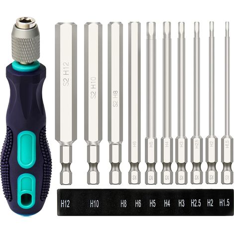 Lot de 10 embouts hexagonaux longs avec poignée - 100 mm - Pour visseuse sans fil - 6,35 mm - H1,5/H2/H2,5/H3/H4/H5/H6/H8/H10/H12 (1/5)