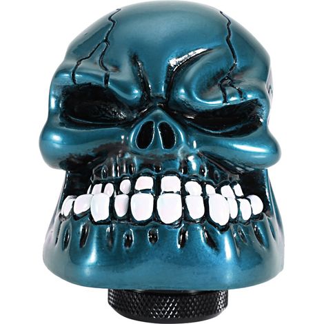 Pommeau de levier de vitesse voiture tuning tête de mort universel cyan résine 70x53x80mm alésage 15mm avec 3 durites 8-10-12mm 3 vis 1 clé (1/5)